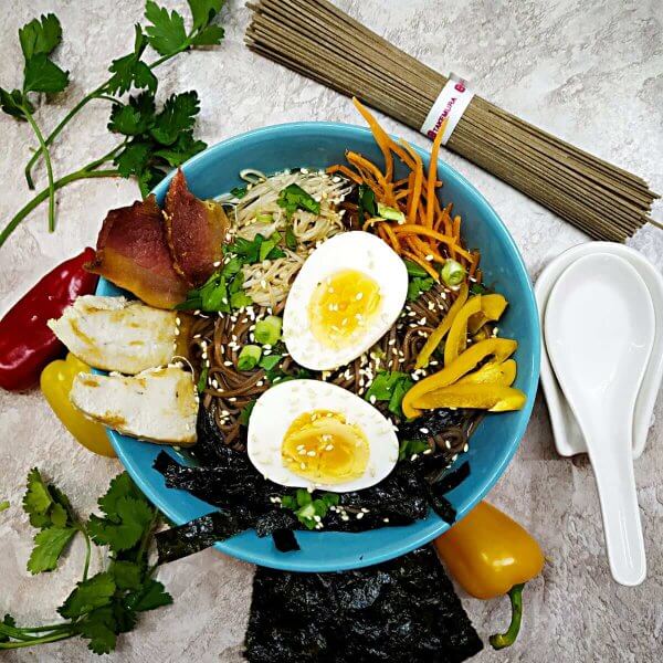 Soba chicken ramen with enoki and egg