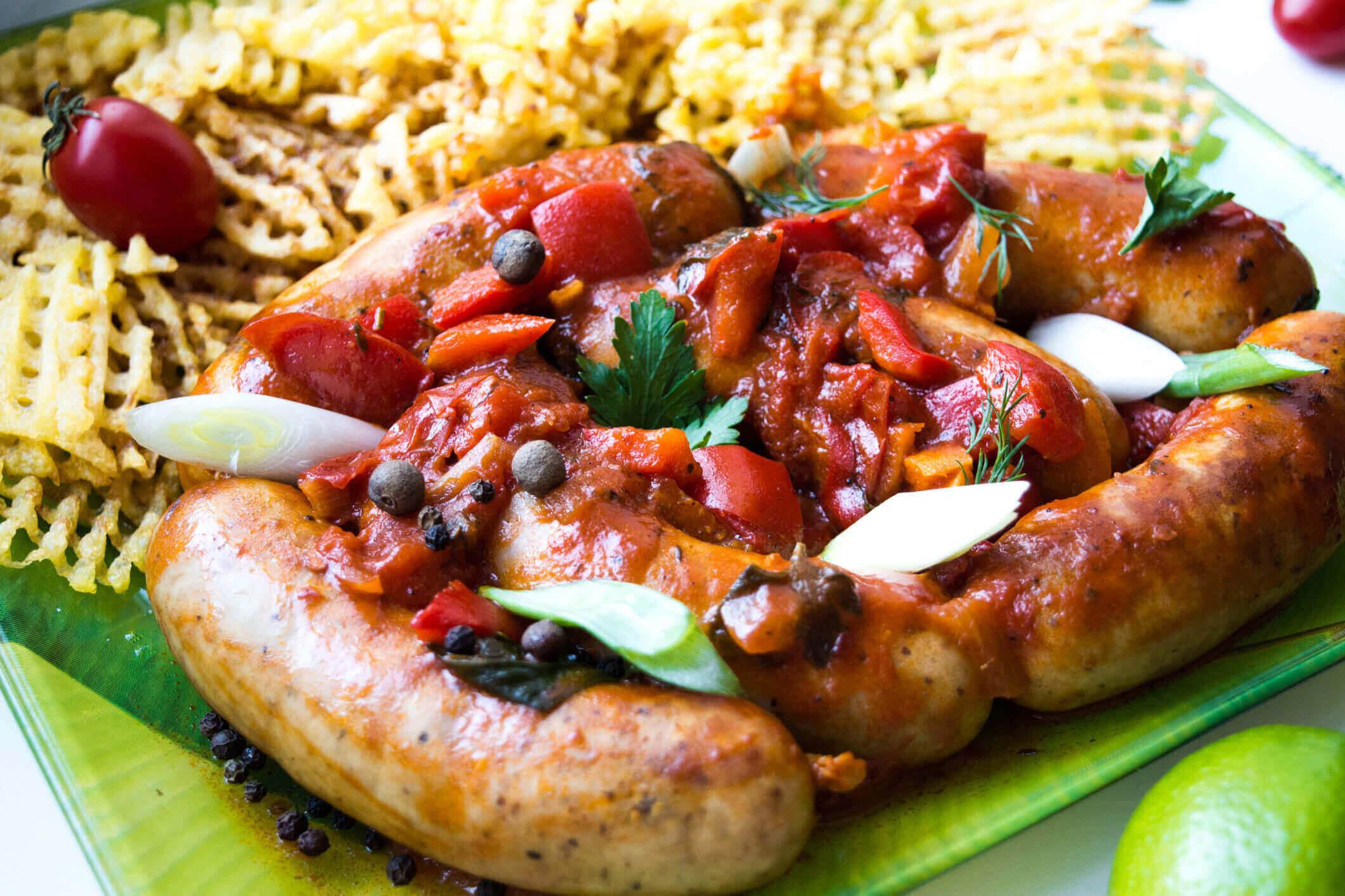 Pork sausages in a spicy tomato sauce